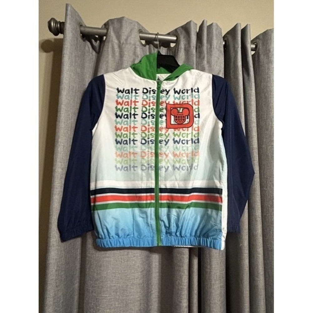 NWOT Disney World Multi‑Color Graphic Print Lightweight Hood Windbreaker Youth L